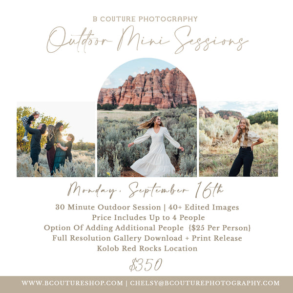 OUTDOOR MINI SESSIONS, MONDAY SEPTEMBER 16TH